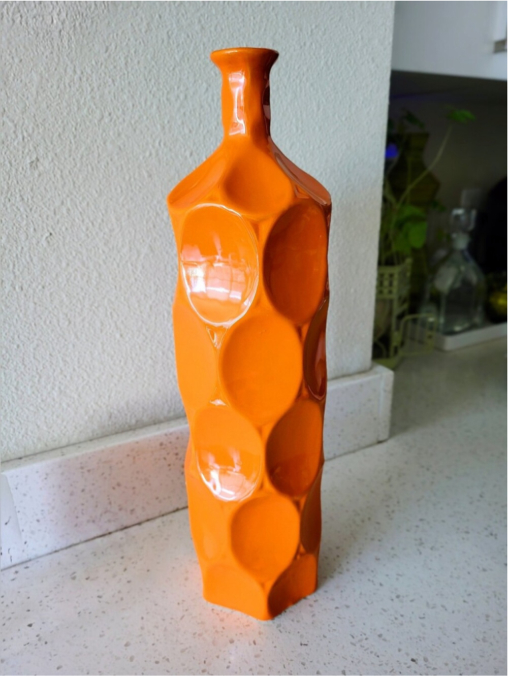 Vintage 1970s Orange Ceramic Vase | 17.5" Tall Mod Geometric Vase | Space Age - Picture 3 of 5